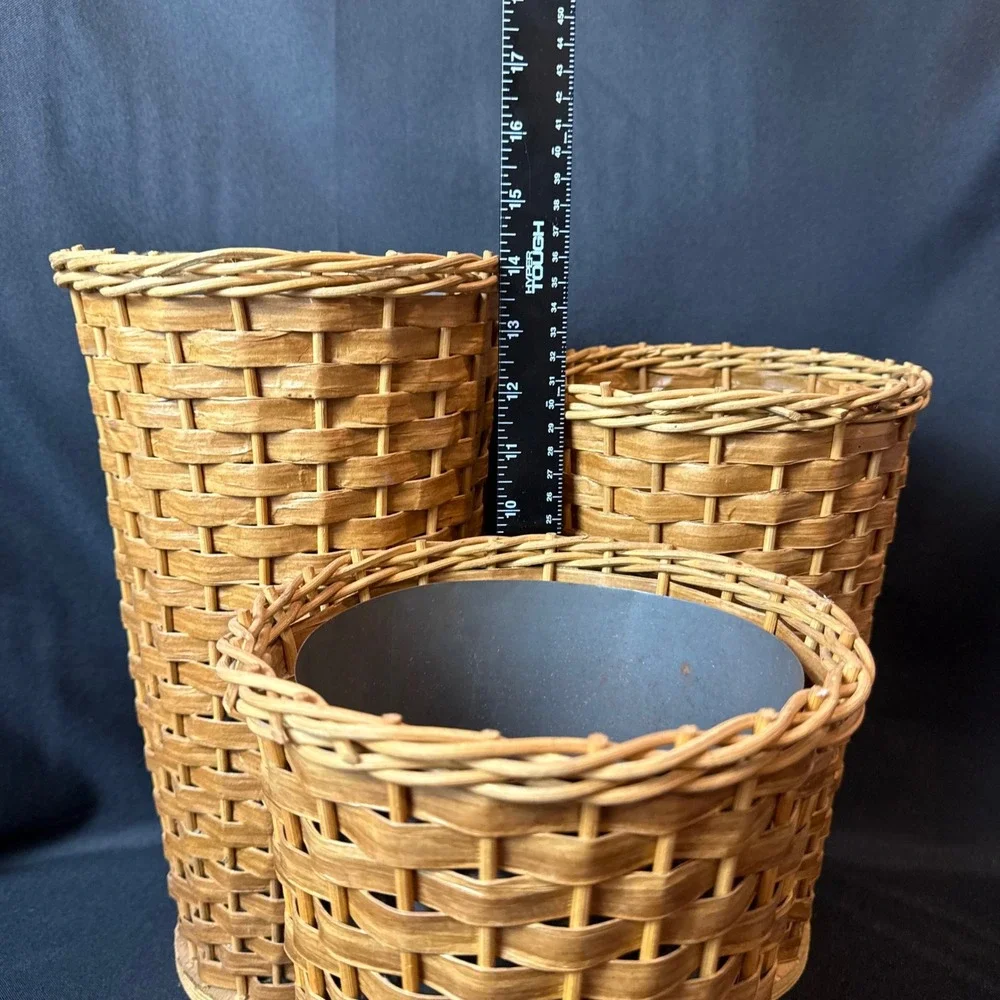 Vintage 3pc Set Woven Wicker Display Basket Vases w/ 2 Metal Liners 14